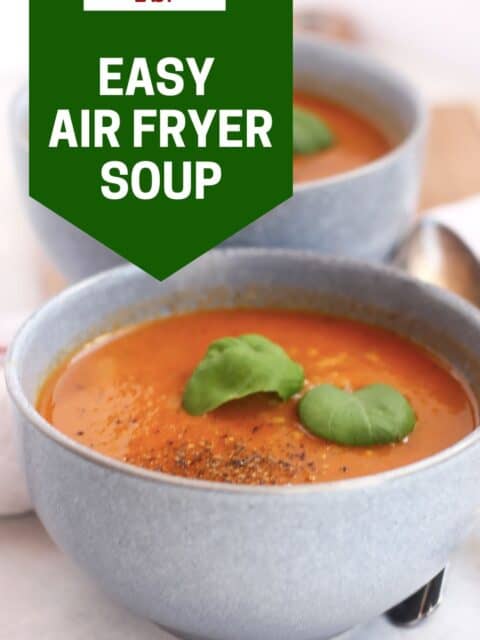 Pinterest graphic. Air fryer soup with text overlay.