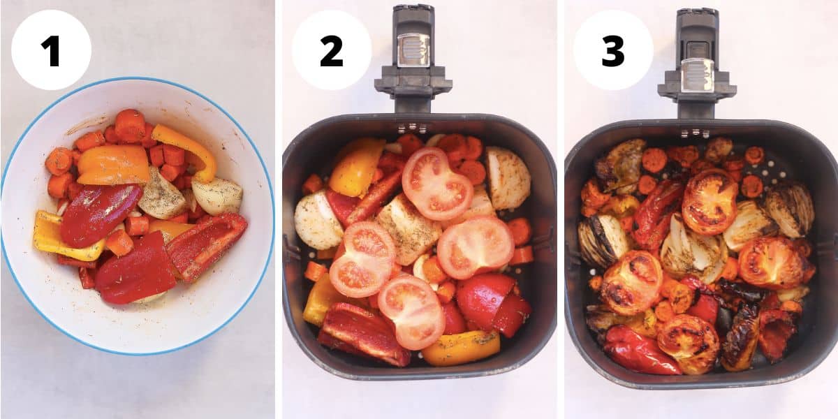 Three photos to show to roast the vegetables in the air fryer.