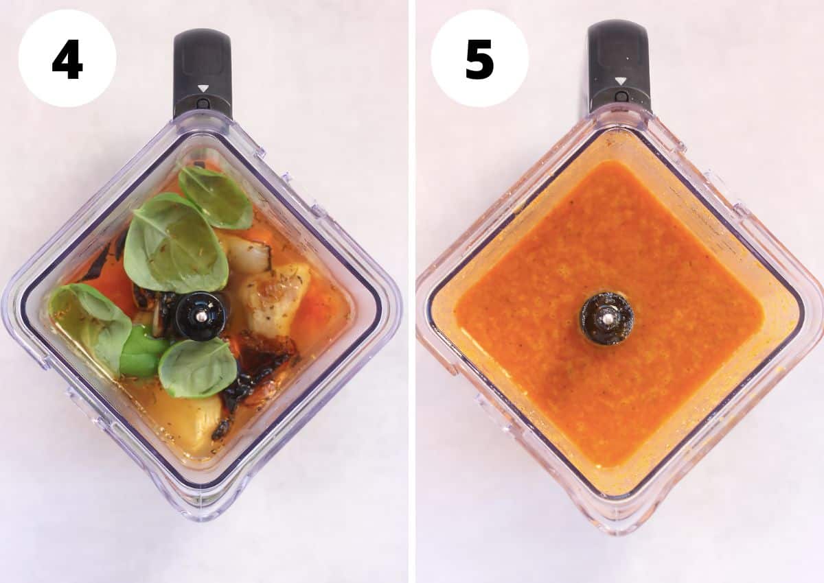 The soup before and after being blended.