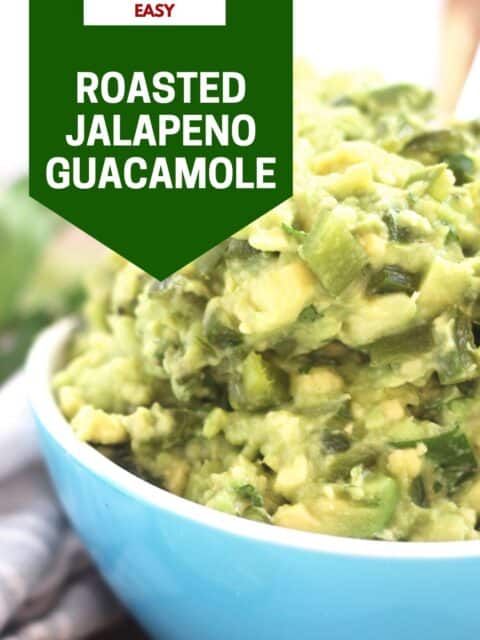 Pinterest graphic. Roasted jalapeno guacamole with text overlay.