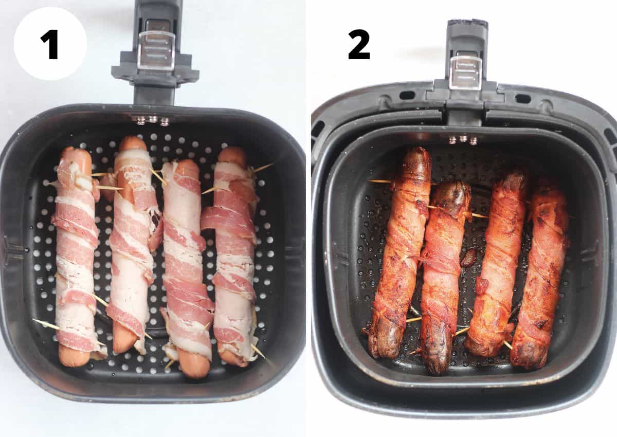 Bacon wrapped hot dogs before and after air frying.