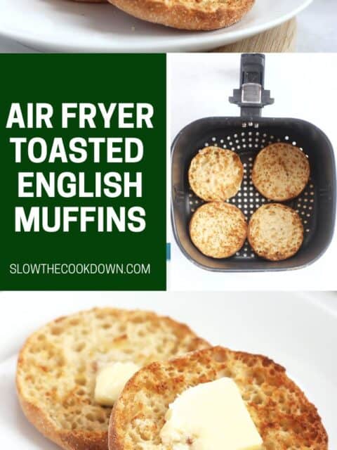 Pinterest graphic. Air fryer English muffins with text overlay.