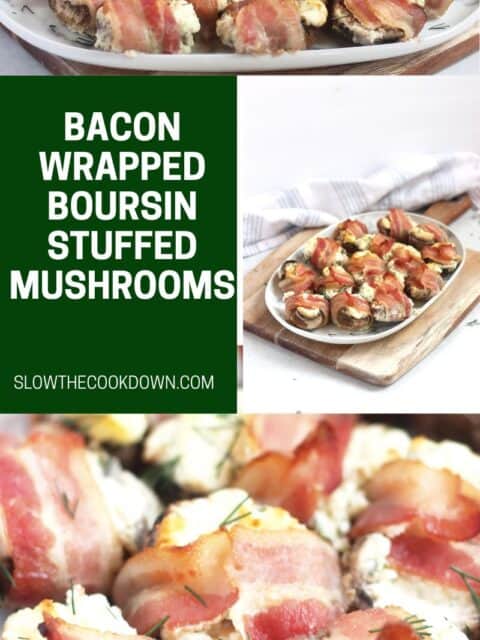 Pinterest graphic. Bacon wrapped stuffed mushrooms with text overlay.