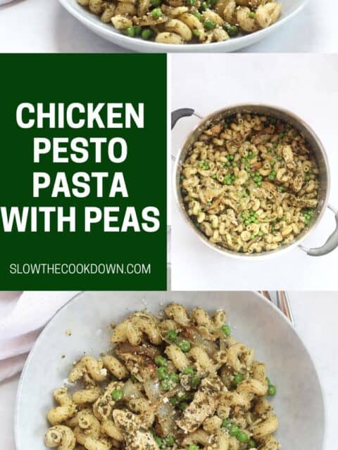 Pinterest graphic. Chicken pesto pasta and peas with text overlay.