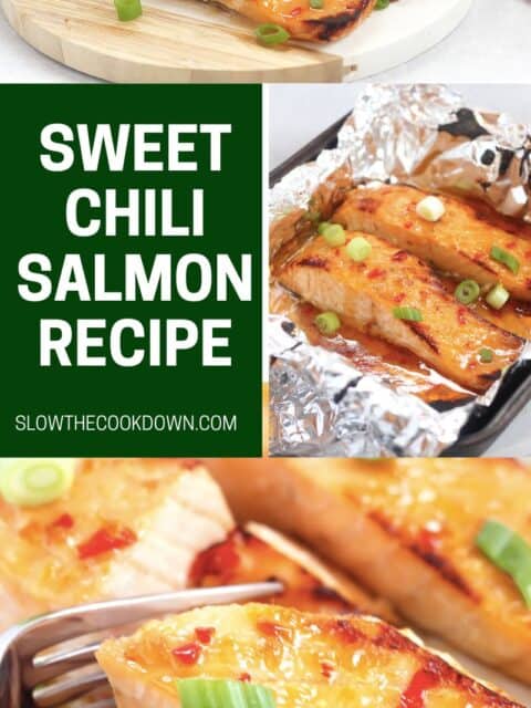 Pinterest graphic. Sweet chili salmon with text overlay.