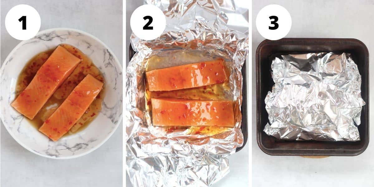 Salmon fillets being marinated and wrapped in foil.