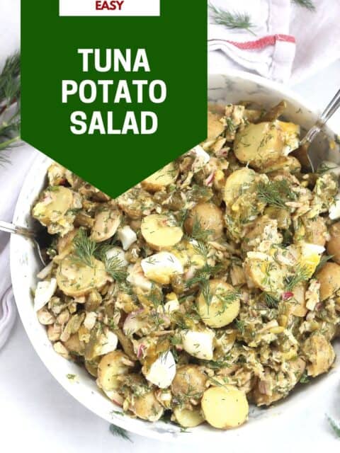 Pinterest graphic. Tuna potato salad with text overlay.