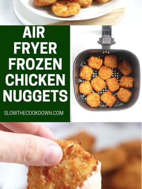 Pinterest graphic. Air fryer frozen chicken nuggets with text overlay.