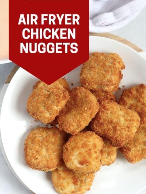 Pinterest graphic. Air fryer frozen chicken nuggets with text overlay.