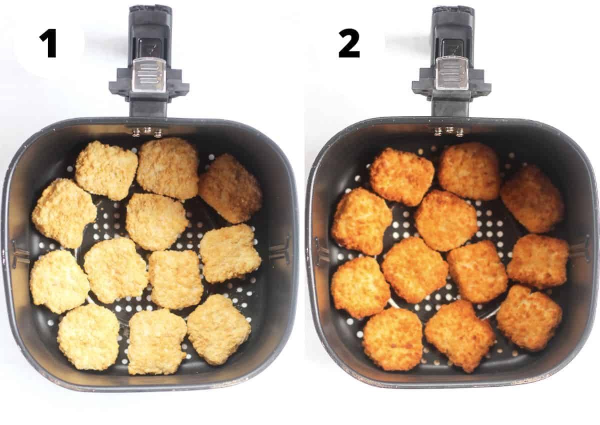 Frozen chicken nuggets before and after being air fried.