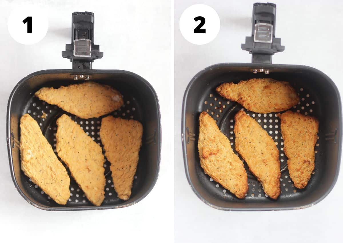 Frozen breaded fish fillets before and after being air fried.