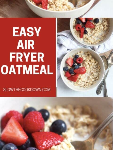 Pinterest graphic. Air fryer oatmeal with text overlay.
