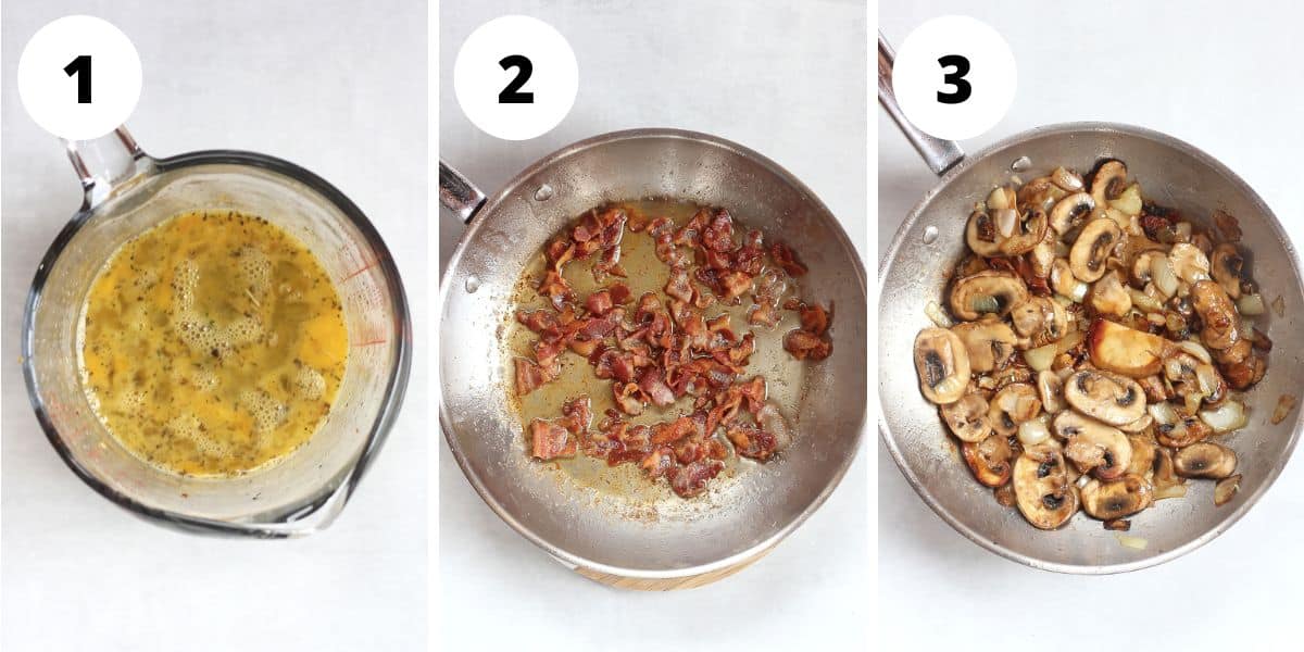 Three photos of the egg mix, cooked crispy bacon and sautéed mushrooms.