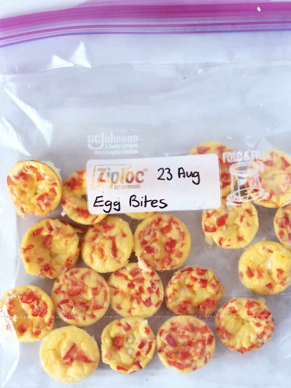 Egg bites in a freezer bag.