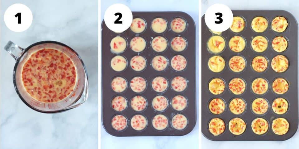 Three step by step photos to show how to make mini egg bites.