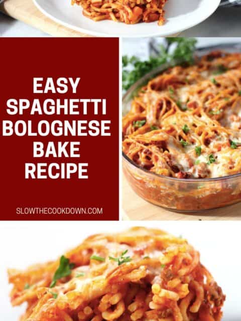 Pinterest graphic. Spaghetti bolognese pasta bake with text overlay.