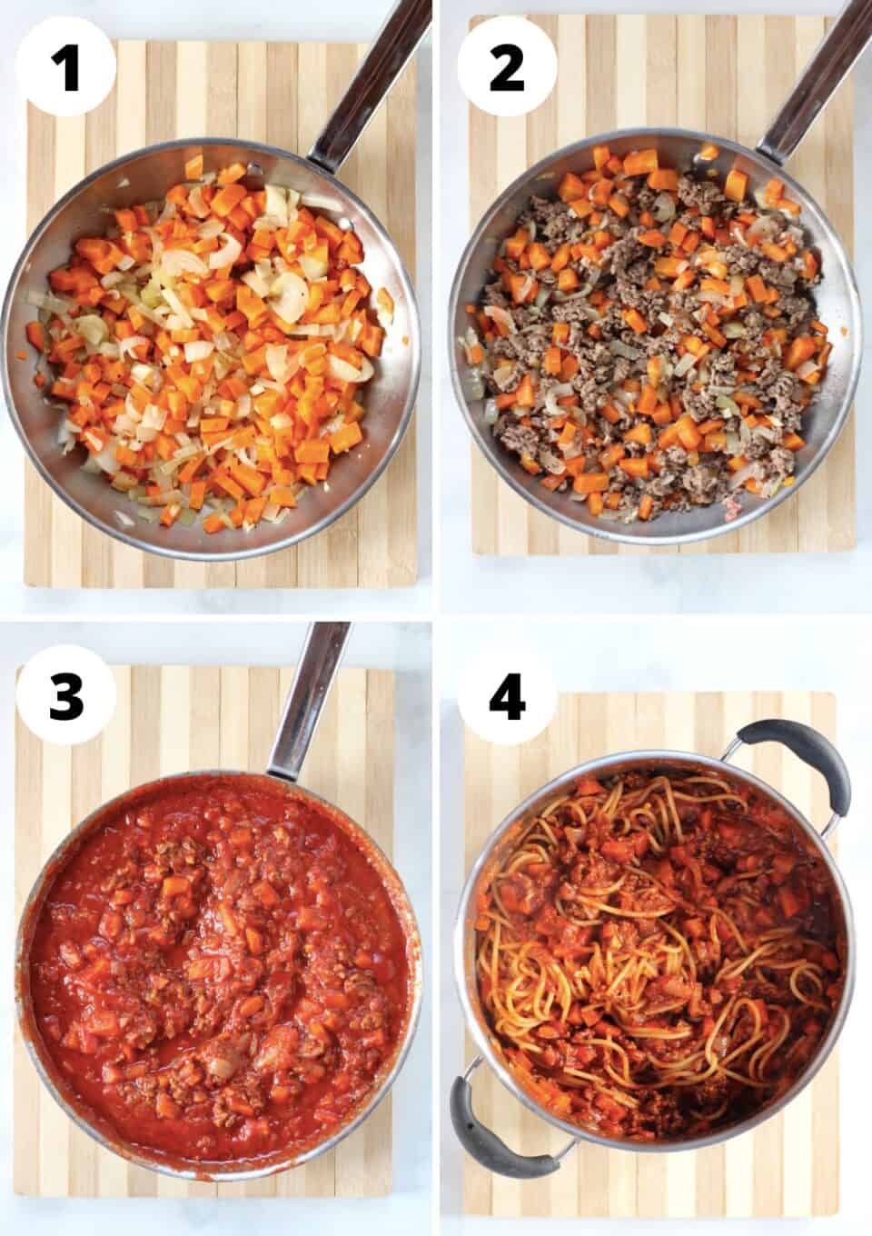 Four step by step photos to show how to make the spaghetti bolognese.