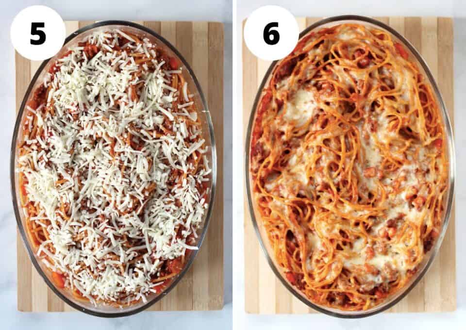 The pasta bake in a casserole dish before and after baking.