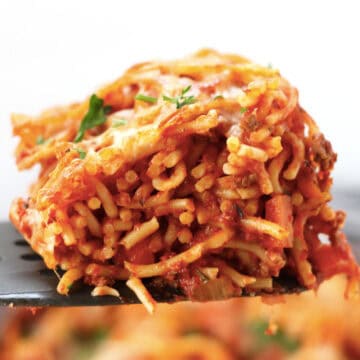 A serving of pasta bake on a spatula.