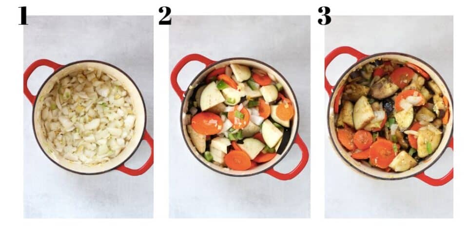 Three photos of cooking vegetables and mixing in green curry paste in a red pot.