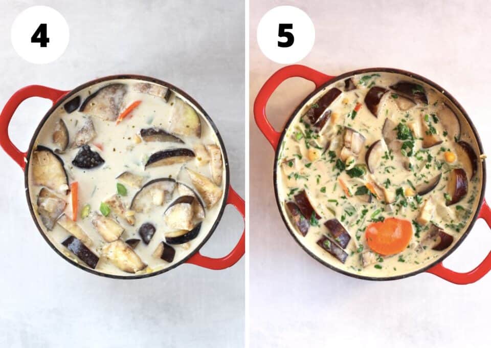 Photos to show the coconut milk and cilantro added to the curry.