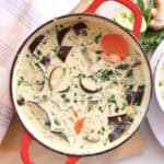 Chickpea green curry in a red cast iron pot.