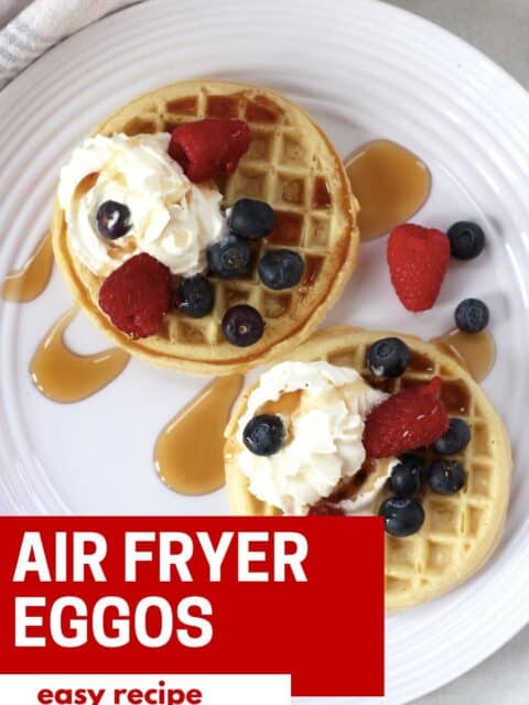 Pinterest graphic. Air fryer frozen waffles with text overlay.