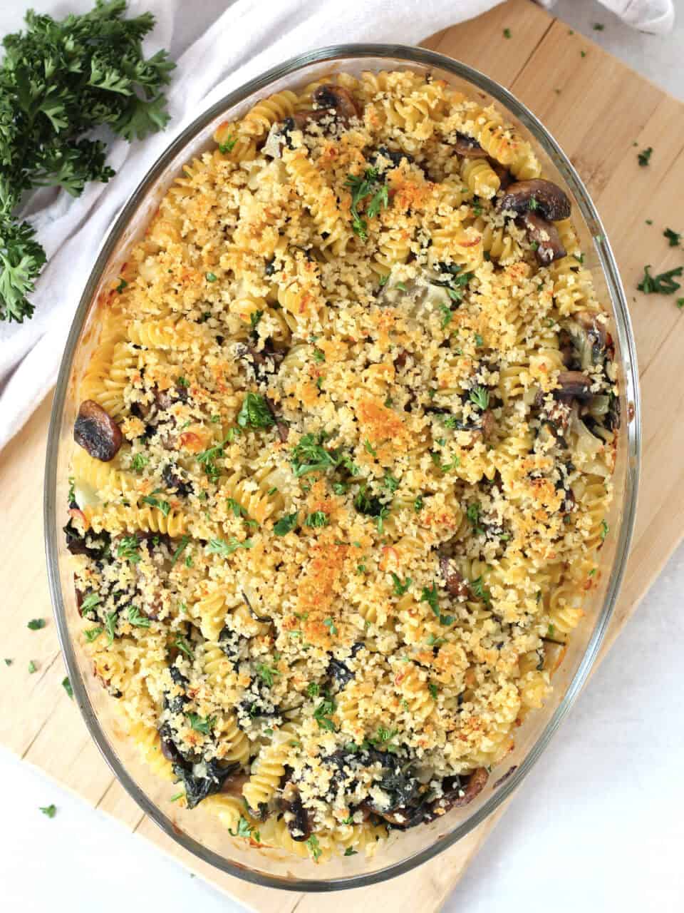 Baked blue cheese pasta with breadcrumb topping.