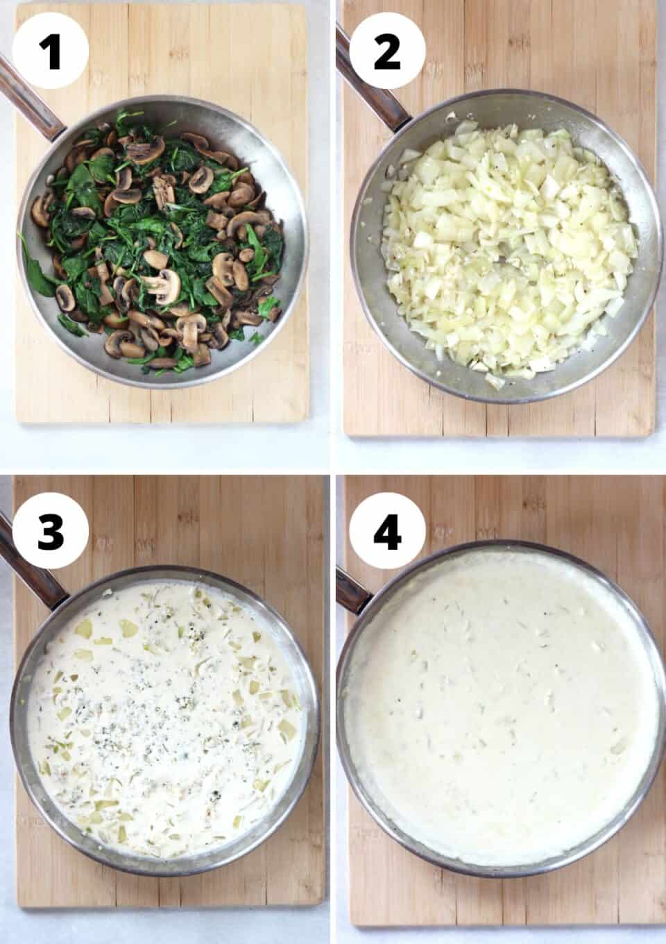 Four photos to show how to cook the spinach and mushrooms and make the blue cheese sauce.