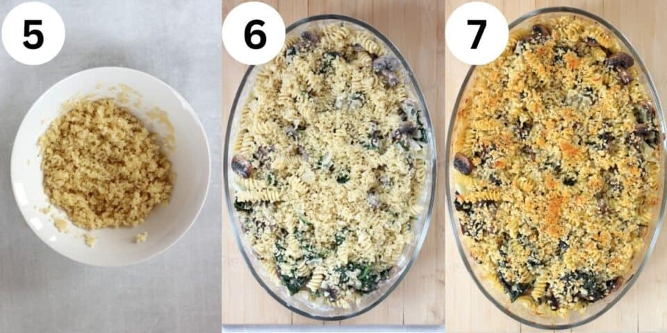 Three photos to show the baked and unbaked pasta recipe with garlic breadcrumbs.