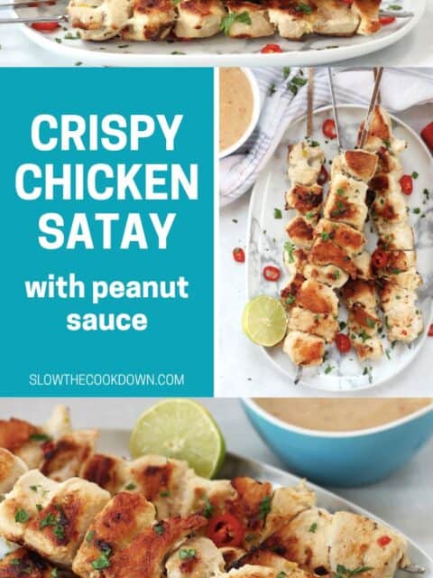 Pinterest graphic. Crispy chicken satay skewers with text overlay.