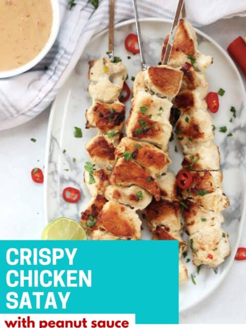 Pinterest graphic. Crispy chicken satay skewers with text overlay.