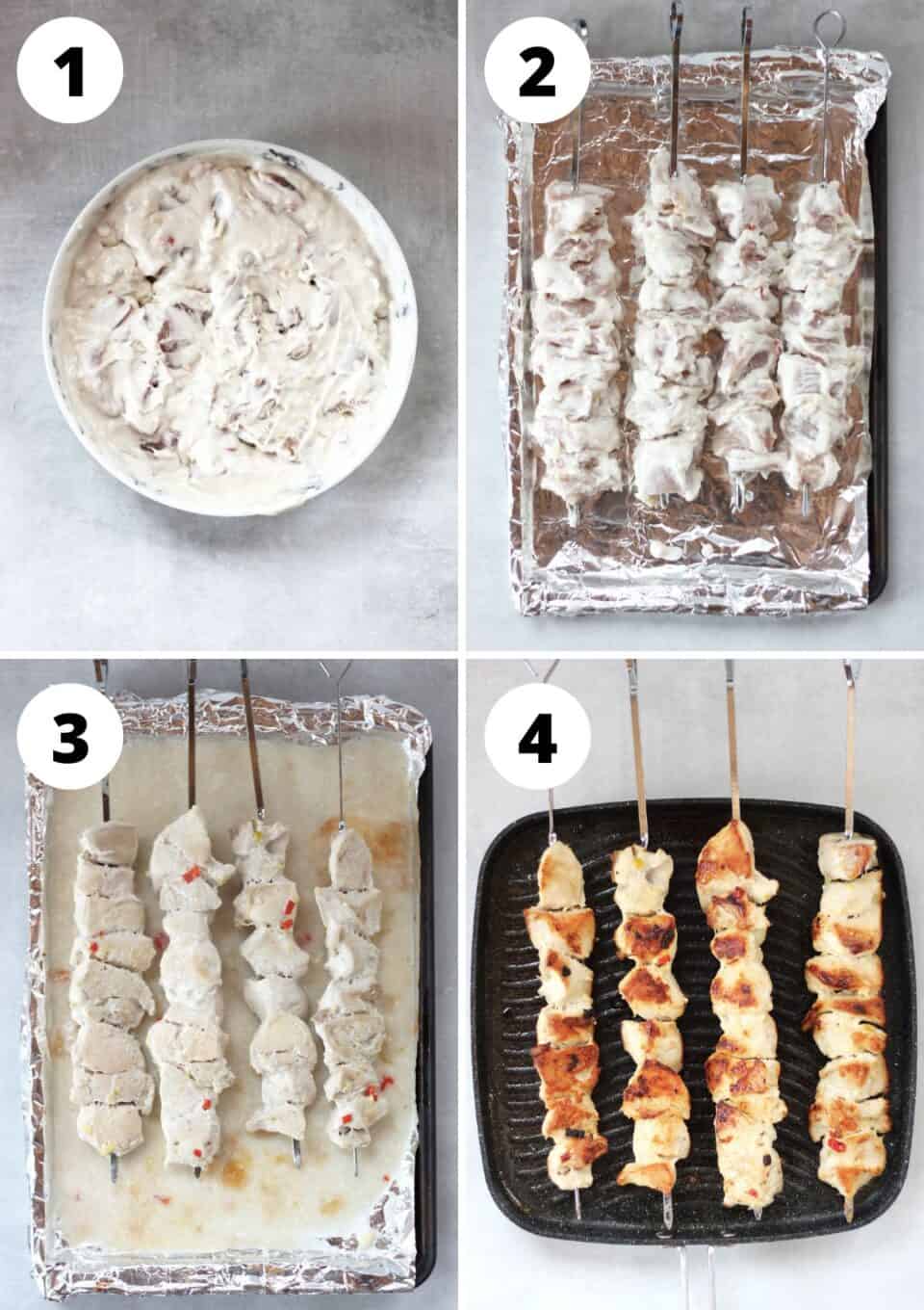 Four photos to show how to marinate and cook the chicken skewers.