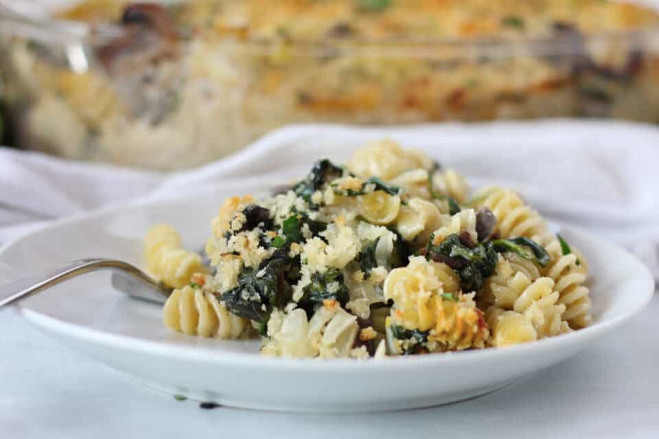 Pasta with blue cheese sauce and vegetables on a white plate.