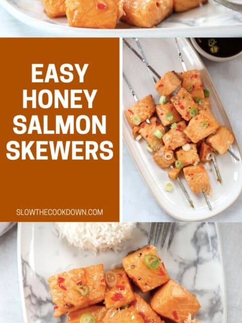 Pinterest graphic. Honey salmon skewers with text overlay.