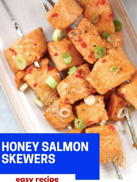 Pinterest graphic. Honey salmon skewers with text overlay.