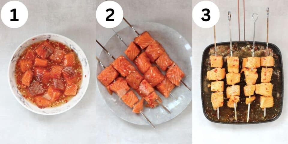 Three photos to show how to marinate, skewer and cook the salmon.