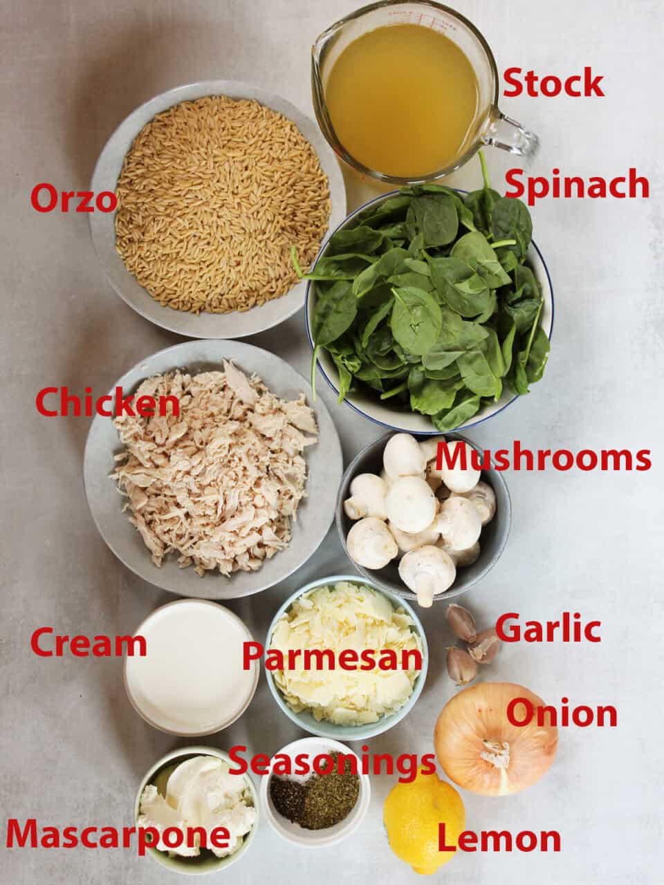 Labelled ingredients list for chicken orzo pasta bake recipe.