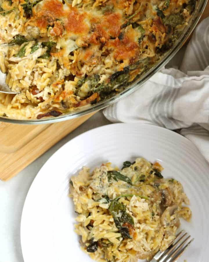 Pasta bake served on a white plate with a fork.