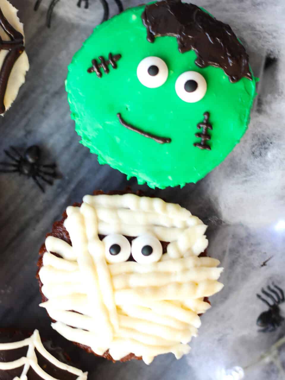 Frankenstein and Mummy decorated cupcakes.