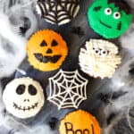Halloween decorated chocolate cupcakes.