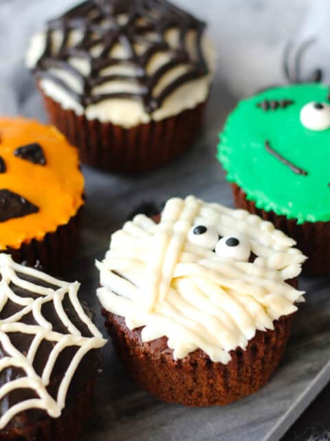 Chocolate cupcakes decorated for Halloween.