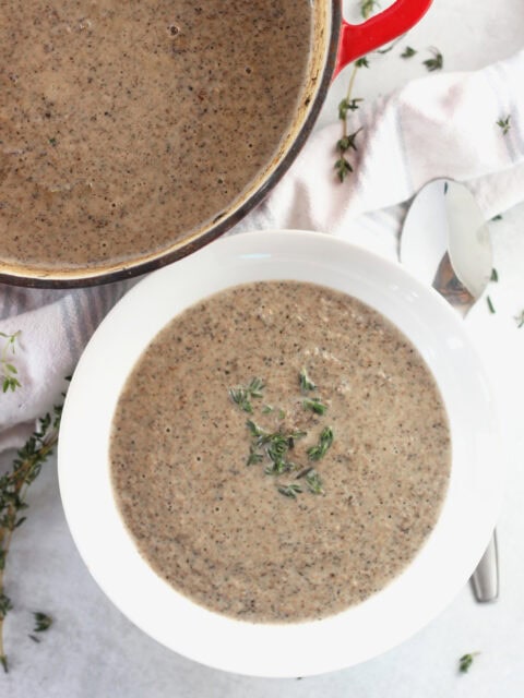 Soup in a red stock pot with some served into a white bowl.