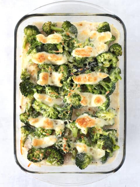 Baked casserole in a glass dish.