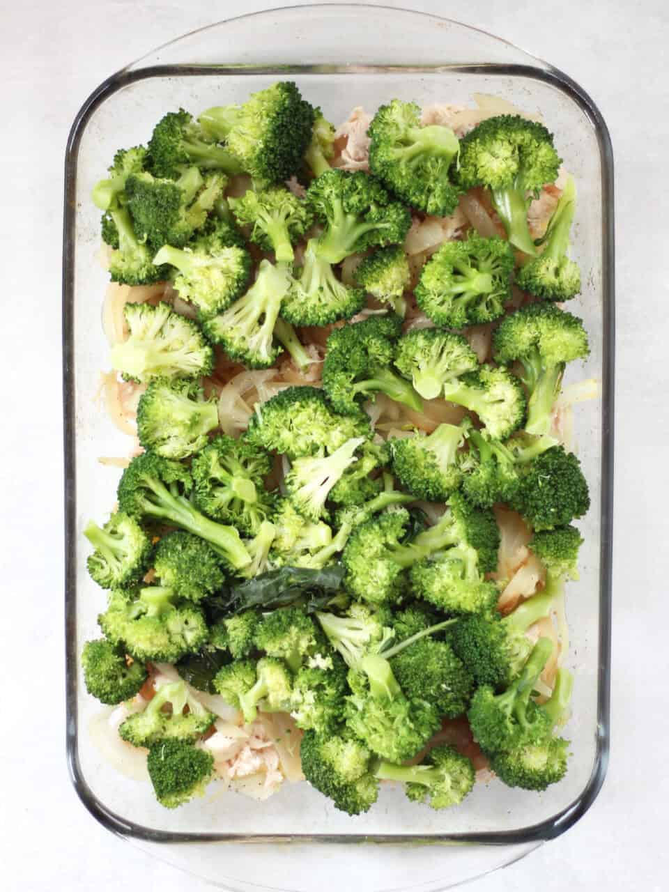 Broccoli on top of shredded chicken and potatoes.