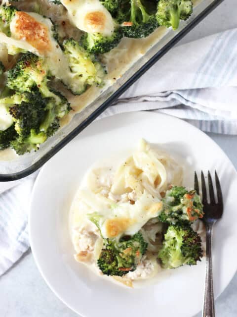 Casserole served on to a plate with a fork.