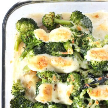 Melted cheese on top of the cooked broccoli chicken casserole.