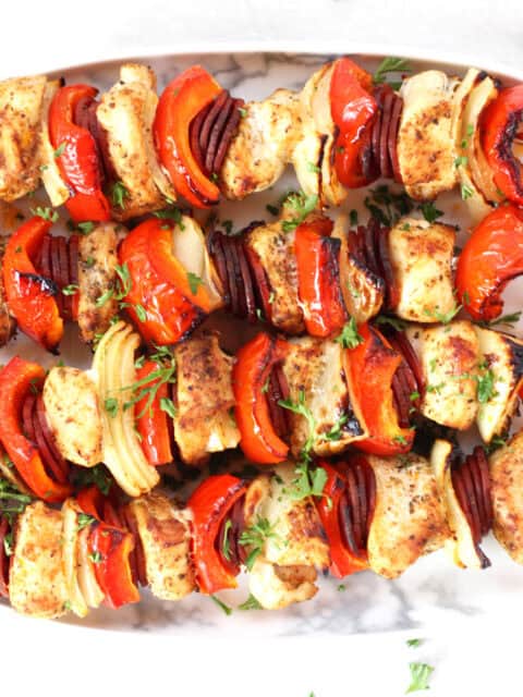 Skewered chicken, pepper, onion and chorizo.