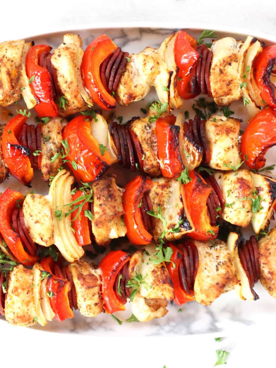 Skewered chicken, pepper, onion and chorizo.