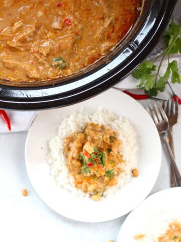 Curry served with rice on two plates.